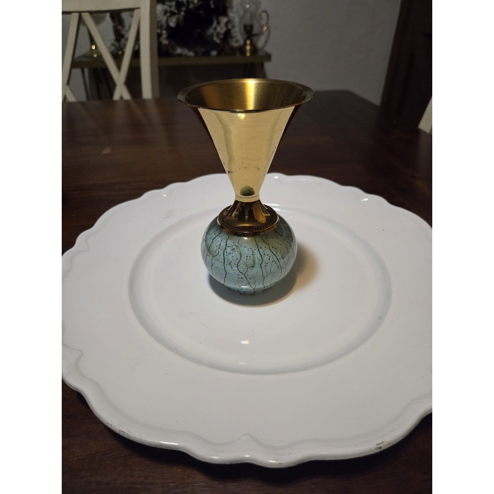 vintage Delft Holland bud vase featuring a brass top